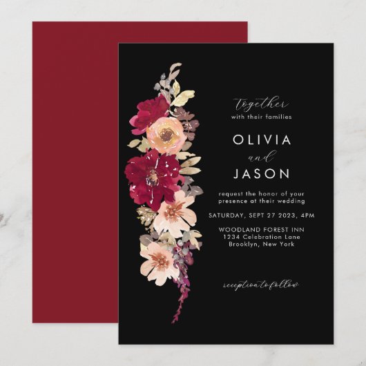 Invitation Mariage floral classique élégant bordeaux foncé (Devant / Derrière)