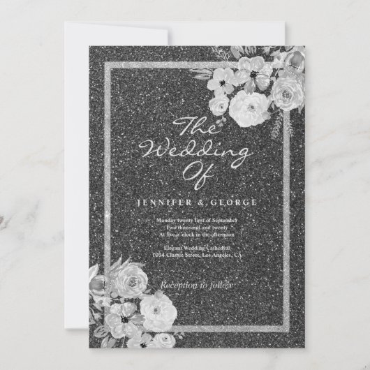 Invitation Mariage floral classique noir blanc argent paillet (Devant)