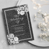 Invitation Mariage floral classique noir blanc argent paillet