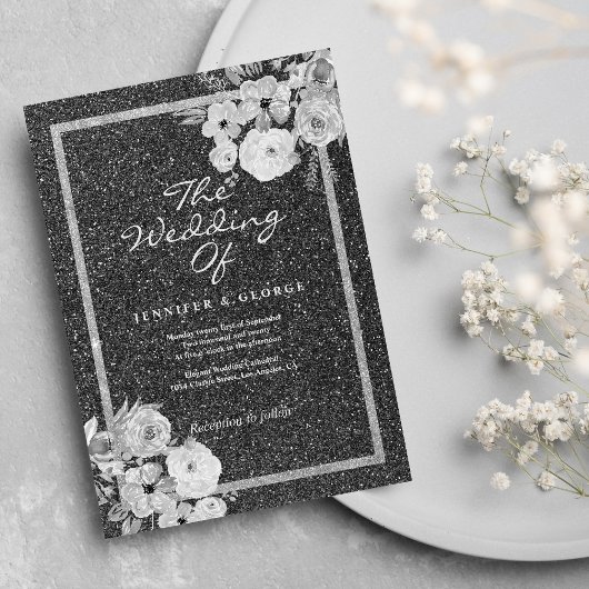 Invitation Mariage floral classique noir blanc argenté