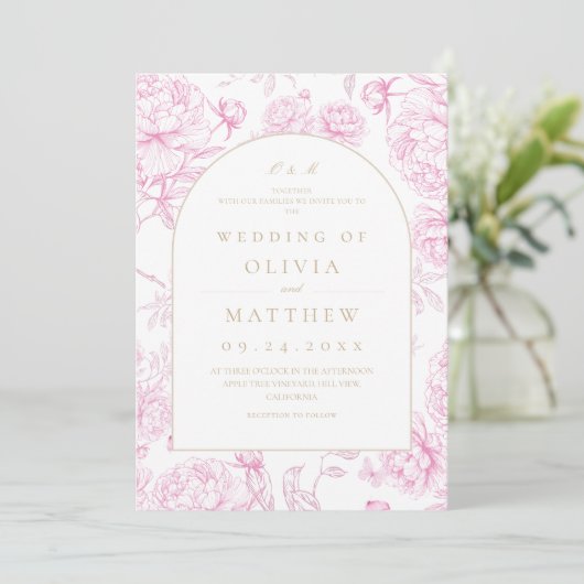 Invitation Mariage Floral Classique Rose Français (Debout devant)