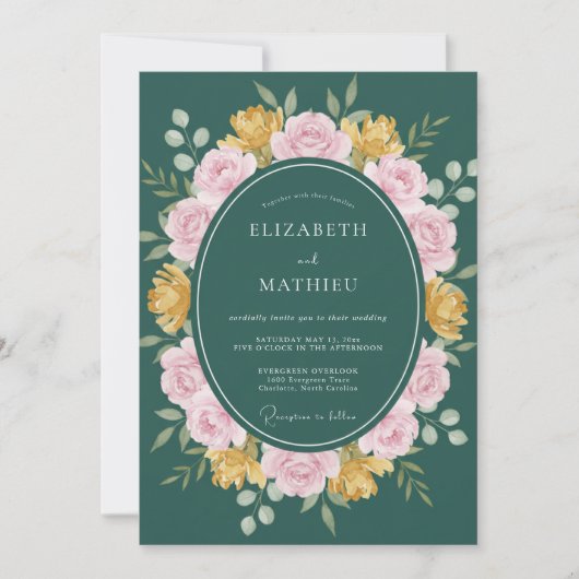 Invitation Mariage Floral Classique Vert Chasseur (Devant)