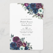 Invitation Mariage floral code QR RSVP Navy et prune (Devant)
