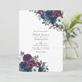Invitation Mariage floral code QR RSVP Navy et prune (Debout devant)