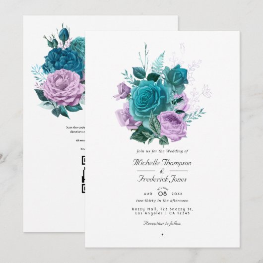 Invitation Mariage Floral Code QR Turquoise et Lavande (Devant / Derrière)