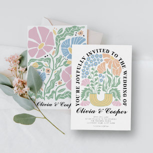 Invitation Mariage Floral Coloré Abstrait Rétro