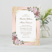 Invitation Mariage floral Confetti à cadre d'or rose (Debout devant)