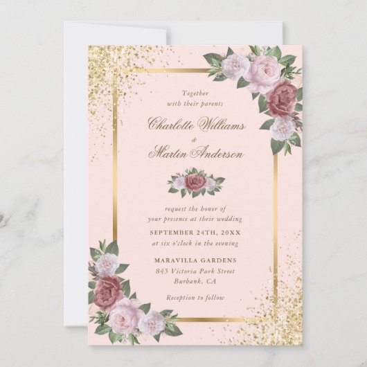 Invitation Mariage floral Confetti à cadre rose et or (Devant)