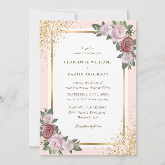 Invitation Mariage floral Confetti à cadre rose or (Devant)