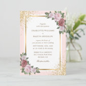 Invitation Mariage floral Confetti à cadre rose or (Debout devant)