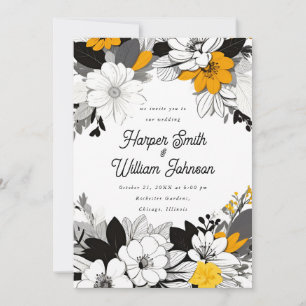 Invitation Mariage floral contemporain noir, blanc, jaune