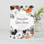 Invitation Mariage floral contemporain noir, blanc, orange (Debout devant)