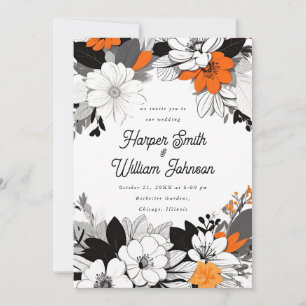 Invitation Mariage floral contemporain noir, blanc, orange