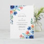 Invitation Mariage Floral Corail Bleu (Debout devant)