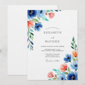 Invitation Mariage Floral Corail Bleu (Devant / Derrière)