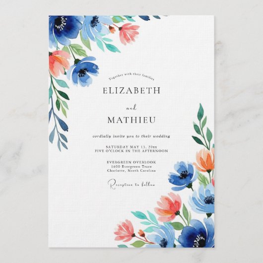 Invitation Mariage Floral Corail Bleu (Devant)