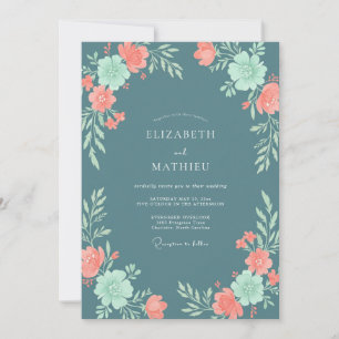 Invitation Mariage Floral Corail Bleu Ardoise