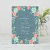 Invitation Mariage Floral Corail Bleu Ardoise (Debout devant)
