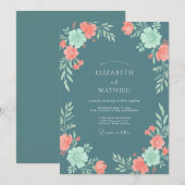 Invitation Mariage Floral Corail Bleu Ardoise (Devant / Derrière)