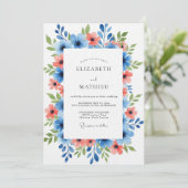 Invitation Mariage Floral Corail Bleu dans un Style Pictural (Debout devant)