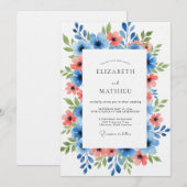 Invitation Mariage Floral Corail Bleu dans un Style Pictural (Devant / Derrière)