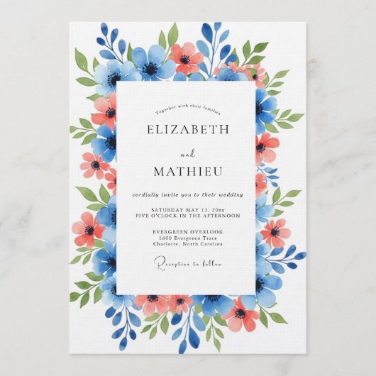 Invitation Mariage Floral Corail Bleu dans un Style Pictural (Devant)