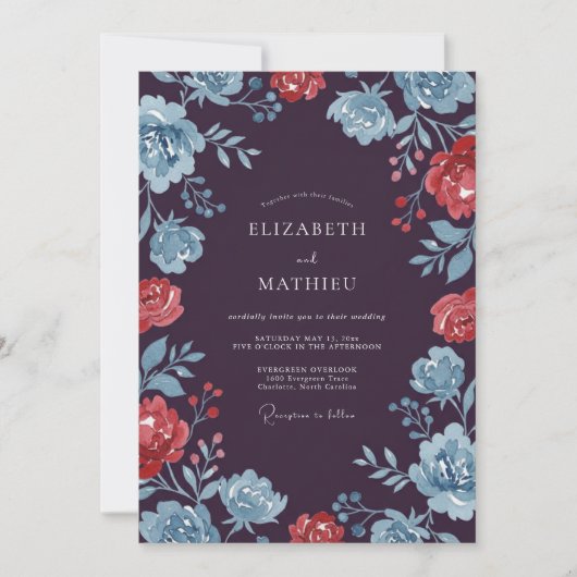 Invitation Mariage Floral Corail Bleu Prune (Devant)