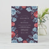 Invitation Mariage Floral Corail Bleu Prune (Debout devant)