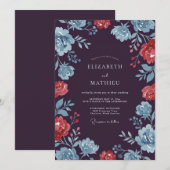 Invitation Mariage Floral Corail Bleu Prune (Devant / Derrière)