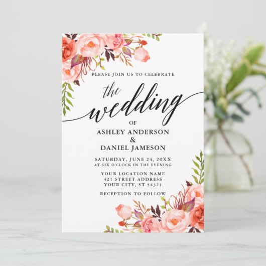 Invitation Mariage Floral Corail Calligraphie Moderne (Debout devant)