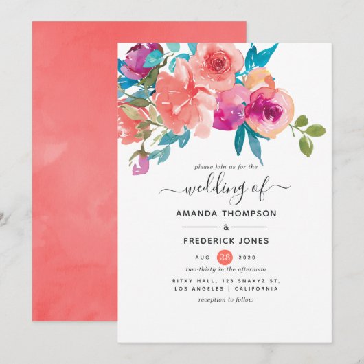 Invitation Mariage floral corail et fandango (Devant / Derrière)