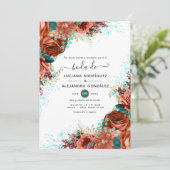 Invitation Mariage floral corail et sarcelle espagnol (Debout devant)