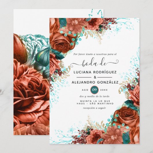 Invitation Mariage floral corail et sarcelle espagnol (Devant / Derrière)