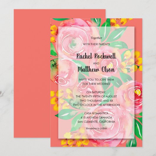 Invitation Mariage Floral Corail Jaune Rose (Devant / Derrière)