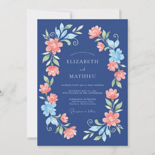 Invitation Mariage Floral Corail Marine (Devant)