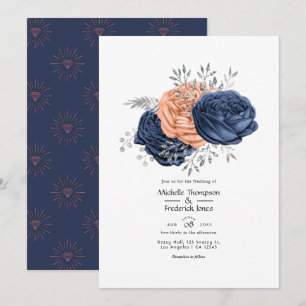 Invitation Mariage floral corail, marine et argent