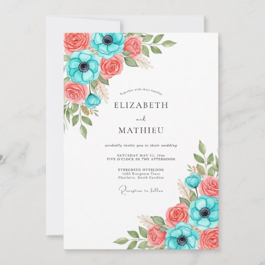 Invitation Mariage Floral Corail Sarcelle (Devant)