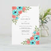 Invitation Mariage Floral Corail Sarcelle (Debout devant)