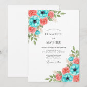 Invitation Mariage Floral Corail Sarcelle (Devant / Derrière)
