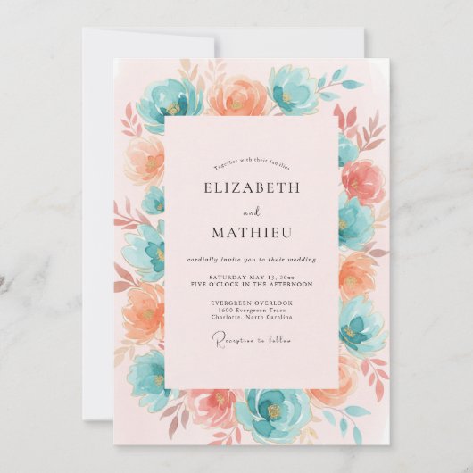 Invitation Mariage Floral Corail Sarcelle (Devant)