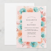 Invitation Mariage Floral Corail Sarcelle (Devant / Derrière)