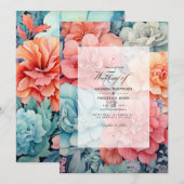 Invitation Mariage floral corail, sarcelle et gris clair (Devant / Derrière)