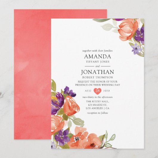 Invitation Mariage Floral Corail Vivant (Devant / Derrière)