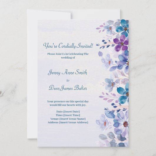 Invitation Mariage floral cordial violet et bleu (Devant)