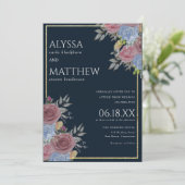 Invitation Mariage floral couleur bleu marine or rose (Debout devant)