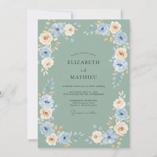 Invitation Mariage Floral Crème Bleu (Devant)