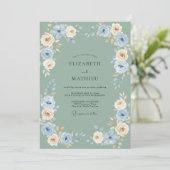 Invitation Mariage Floral Crème Bleu (Debout devant)