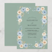 Invitation Mariage Floral Crème Bleu (Devant / Derrière)