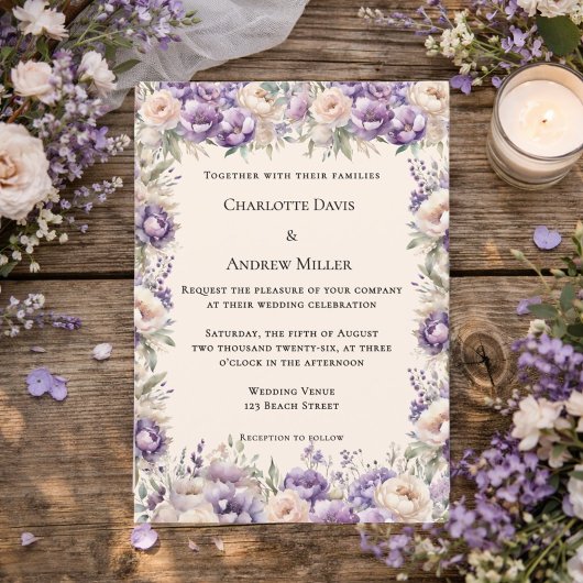 Invitation Mariage floral crème champagne lavande