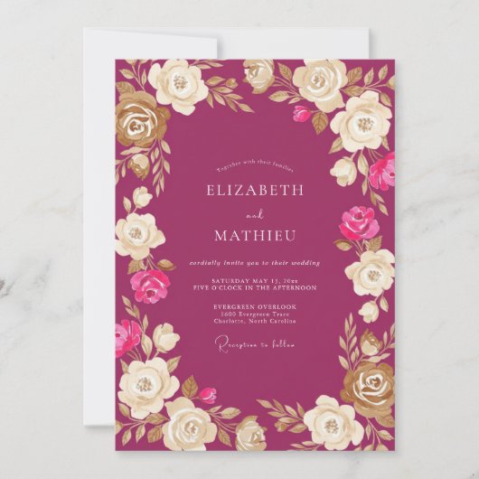 Invitation Mariage Floral Crème Magenta (Devant)